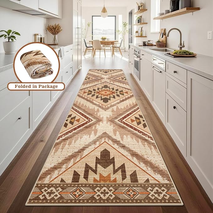 2x10Ft Boho Hallway Runner Rugs Non Slip, Light Brown Washable Kitchen Rug Runners, Soft Low Pile Geometric Moroccan Farmhouse Entryway Floor Carpet for Bedroom Home Decor