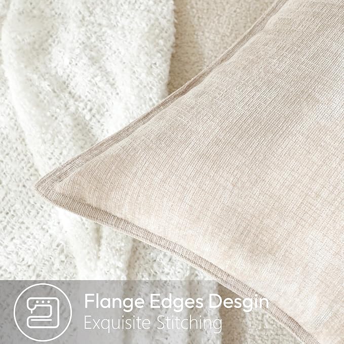 Stellhome Pack of 2 Soft Textured Throw Decorative Pillow Covers Square Accent Solid Chenille Cushion Cover Cozy Farmhouse Pillow Case for Couch Sofa Bedroom Living Room 22x22 Inch, Light Tan