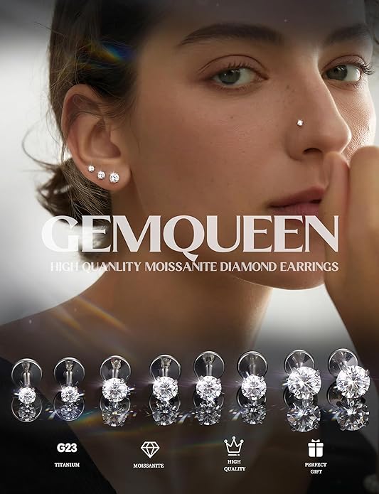 GEMQUEEN 8 PCS Moissanite ＆ Implant Grade G23 Titanium Nose Studs Flat Back Earrings Hypoallergenic : 14K Gold Plated Nose Rings 20G Push in Threadless Cartilage Helix Piercing Jewelry for Women Men