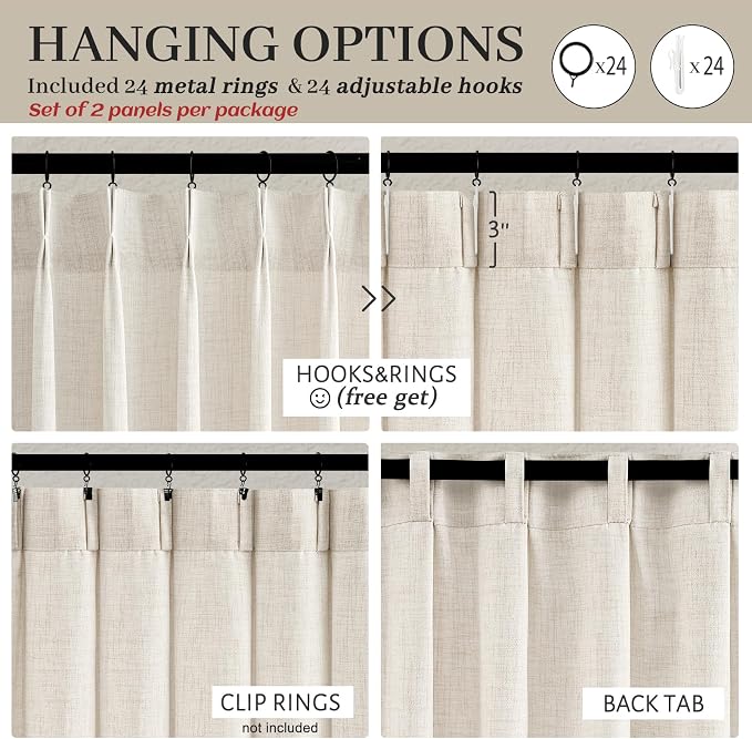 Pinch Pleat 120 Inch Extra Long High Ceiling Curtains 60 Inch Wide for Dining Room, Birch Light Filtering Memory Shape Natural Linen Luxury Window Curtain 10 FT Length Privacy Sheer Drapes 2 Panel Set