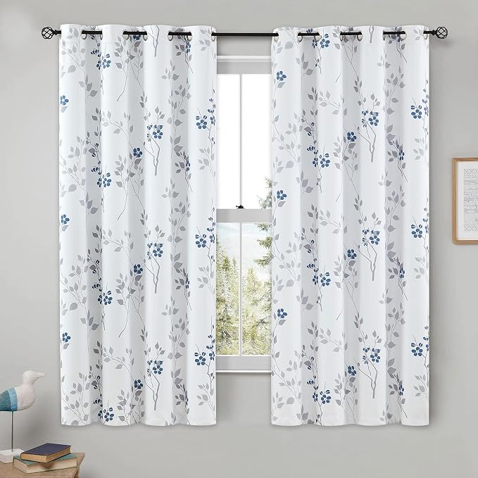 Beauoop Floral 100% Blackout Curtains for Bedroom Blue Grey 52X54 2 Panels | Flower Patterned Blue White Room Darkening Drapes for Living Room Thermal Insulated Soundproof Window treatment Grommet