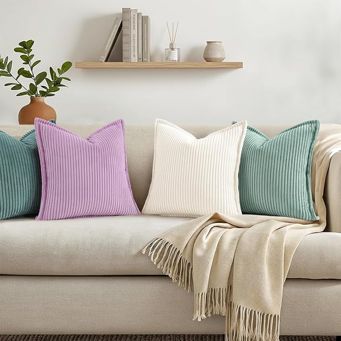 decorUhome Fall Corduroy Lilac Throw Pillow Covers 12x20 Set of 2 | Lumbar Couch Decorative Soft Modern Boho Farmhouse Pillow Covers Broadside Striped Pillow Cases for Living Room Bed Sofa