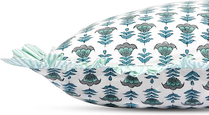 Ridhi Block Print Aquamarine Blue Throw Pillow Cover 24" x 24" (Pack of 2) Decorative Cushion Covers with Ruffle for Couch, Sofa, Bed, Living Room, Home Decor Gift for Spring, Easter, Valentine