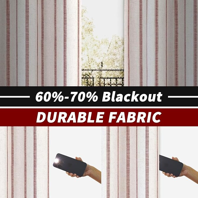 DriftAway Farmhouse Linen Stripe Blackout Curtains, W52xL108, Red | Blackout, Linen Texture, Stripe Pattern, Rod Pocket & Back Tab, Two Layers, Bedroom Living Room Use, Sound Reducing Design