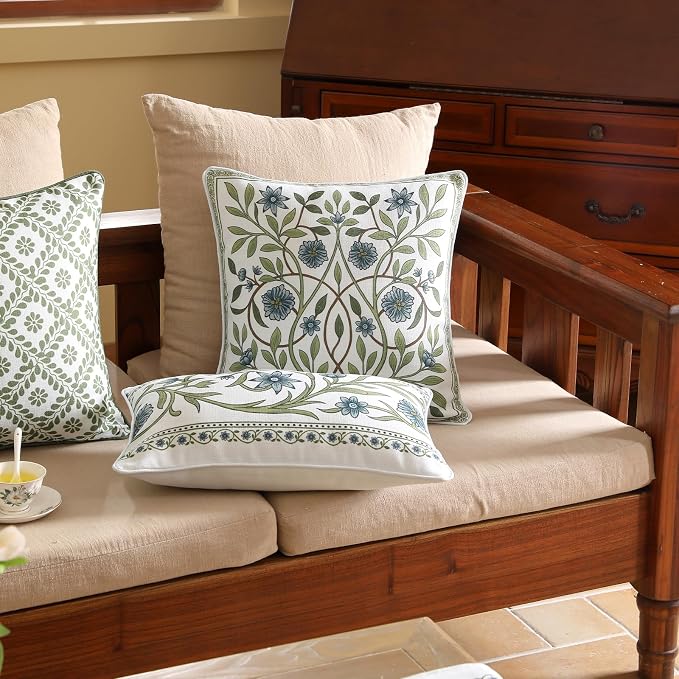 ISAENNE Designer Linen Throw Pillow Cover,Set of 2,20"x12"-Mosella D | Vintage Elegant Rectangle Decor Pillow Cover,Concealed Zipper Design,Floral Pattern,Sofa,Bedroom,Living Room,Lounge Chairs
