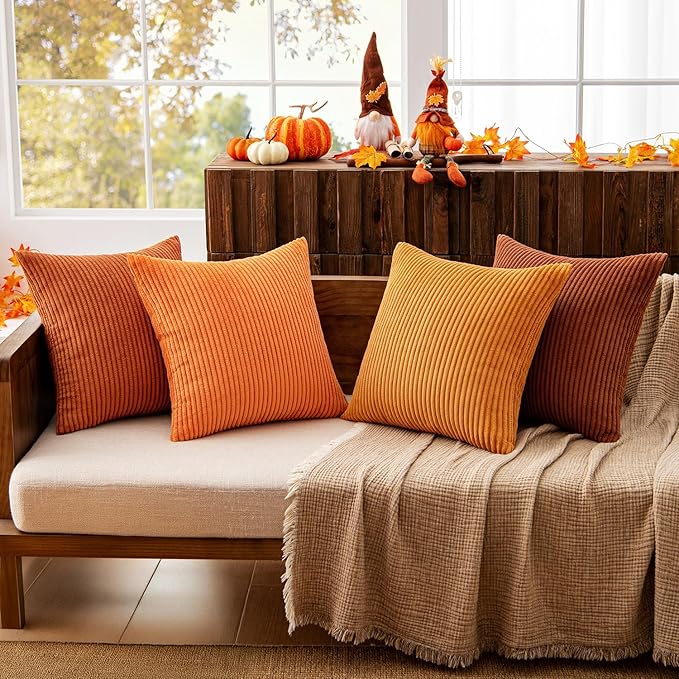 MIULEE Boho Farmhouse Throw Pillow Covers 18x18 Inch Set of 4 Mordern Nordic Cushion Covers Soft Corduroy Fall Home Decor for Couch Bed Sofa Living Room Orange Rust