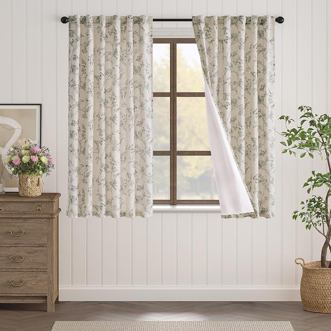 Lazzzy Charlotte Lined Linen Farmhouse Grey Floral Curtains 63 Inch Length Back Tab Drapes for Living Room Bedroom Light Filtering Country Vintage Rod Pocket, 2 Panels, Gray on Beige