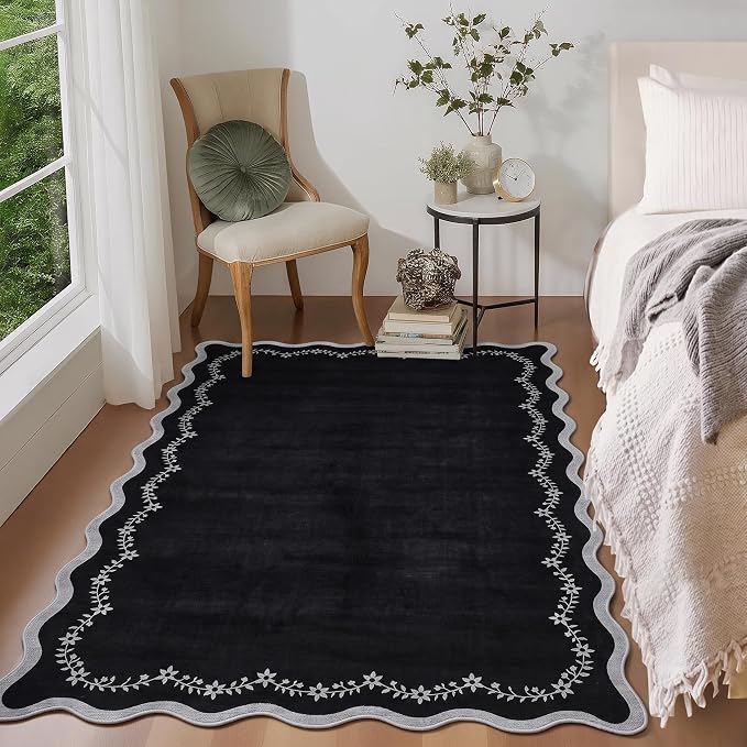 GarveeHome 4x6 Scalloped Washable Area Rug Black Nursery Kids Bedroom Rug | Soft Solid Rug Non Slip Low Pile Small Carpet Stain Resistant Throw Rug for Dorm Playroom Office Dining Room