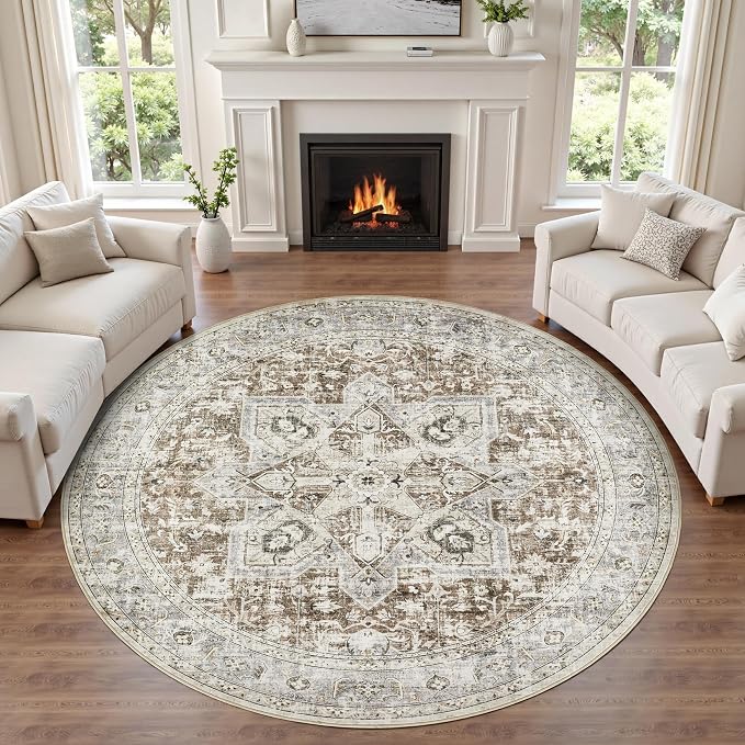 Tortania 4' Round Area Rug Living Room Rugs - Washable Boho Rug Vintage Oriental Distressed Farmhouse Large Thin Indoor Carpet for Bedroom Under Dining Table Home Office - Brown Blue