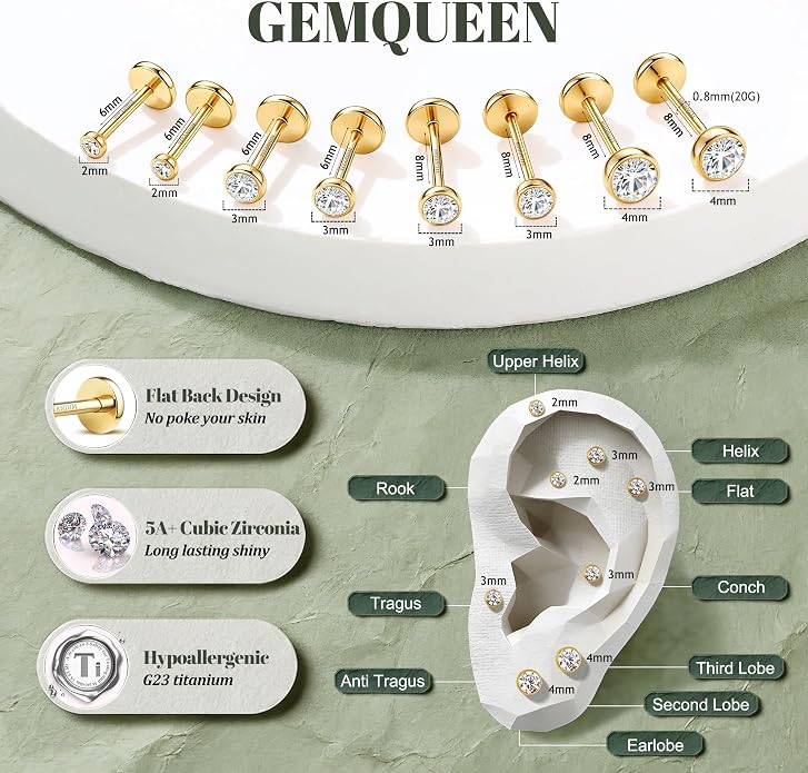GEMQUEEN 4 Pairs 16G/18G/20G G23 Titanium Implant Grade Nose Studs Threadless Flat Back Earrings Hypoallergenic Flatback 5A CZ Cartilage Helix Tragus Conch Tiny Lip Piercing Jewelry for Women Men