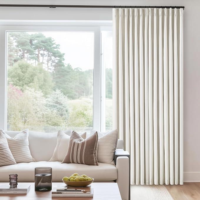 Natural Linen Blackout 112 Inch Curtains for Living Room 2 Panels Set Pinch Pleated Back Tab Drapes Farmhouse Thermal Insulated Full Black Out Curtains 112 Length High Ceiling to Floor Cream Ivory