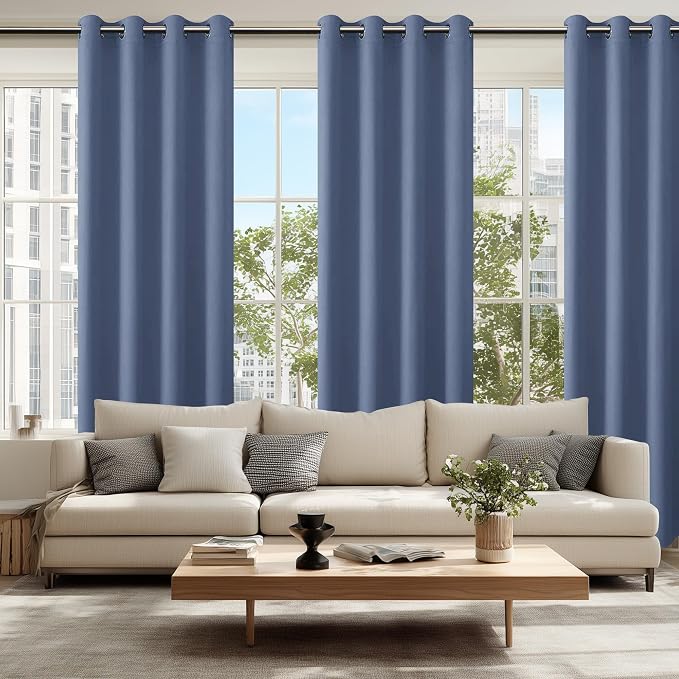 Hiasan Blackout Curtains for Bedroom, 52 x 84 Inches Long - Thermal Insulated & Light Blocking Window Curtains for Living Room/Kids Room, 2 Drape Panels Sewn with Tiebacks, Blue Haze