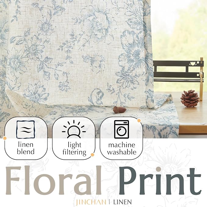 jinchan Linen Blend Curtain Floral Curtains for Living Room 90 Inch Length Blue Printed Curtain Rod Pocket Back Tab Farmhouse Peony Flower Patterned Drapes Bedroom Window Curtains Set 2 Panels