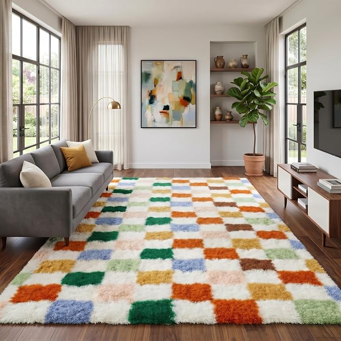 Garvee Washable Checkered 8x10 Area Rug for Living Room Colorful Modern Shag Rugs Thick Fuzzy Rugs Non-Slip Large Plush Rug Soft Indoor Carpet Shaggy Rugs for Bedroom Home Aesthetic Decor