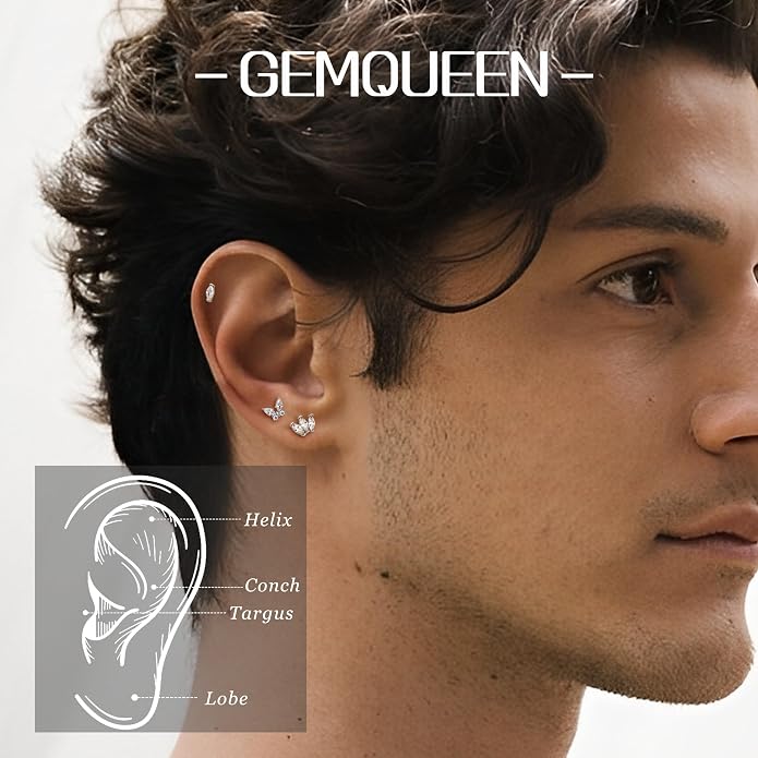 GEMQUEEN G23 Implant Grade Titanium 18G Internally Threaded Flat Back Earrings 5A CZ Studs: 14K Gold Hypoallergenic 3 Pcs Tragus Cartilage Conch Helix Piercing Jewelry for Sensitive Ears Women Men