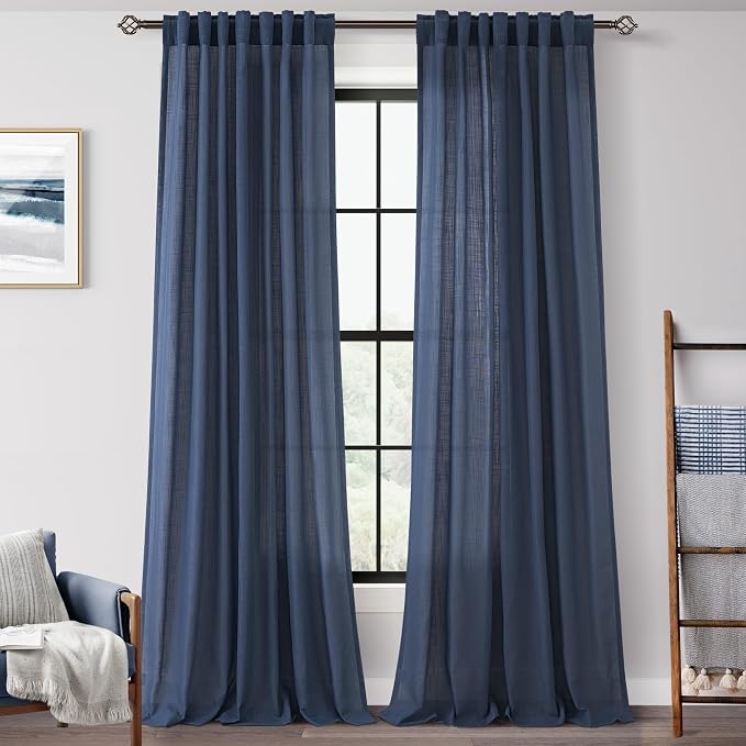 Navy Blue Curtains 86 inch Length for Bedroom Back Tab Light Filtering Semi Sheer Blue Living Room Curtains Linen Cotton Textured Indigo Blue Drapery Panel Modern Farmhouse Aesthetic Decor Dark Blue