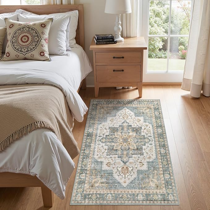 Tortania Area Rug Living Room Rugs - 3x5 Washable Rug Vintage Oriental Distressed Farmhouse Small Thin Indoor Carpet for Living Room Bedroom Under Dining Table Home Office - Muted Teal