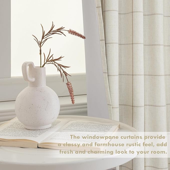 DriftAway 100% Blackout Plaid Linen Curtains 102 Inches Long 2 Panels Taupe | 100% Blackout, Linen Texture, Plaid Pattern, Two Layers, Rod Pocket & Back Tab, Bedroom Living Room Use, Luxury Appearance