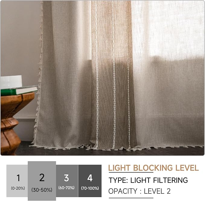 ColorBird Boho Curtains Linen-Textured for Living Room Bedroom Natral Brown Tan Light Filtering Farmhouse Embroidered Striped 63 Inch Curtains & Drapes for Dining Room Kitchen Window Treatment