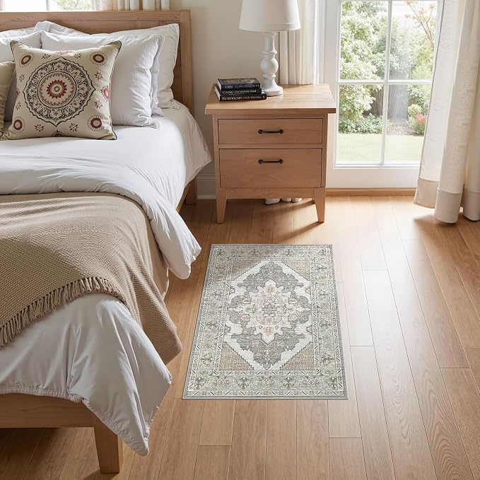 Tortania Area Rug 2x3 Doormat - Washable Vintage Oriental Farmhouse Soft Thin Indoor Carpet for Living Room Bedroom Hallway Entryway Kitchen - Sage Green