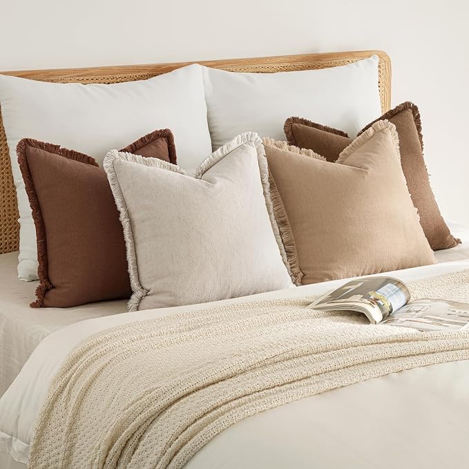 MIULEE Fall Linen Fringe Pillow Covers Set of 4 18x18 Beige/Brown | Boho Farmhouse Decorative Throw Pillow Covers, Neutral Soft Rustic Cushion Cases, for Couch Sofa Bed Living Room Home Decor
