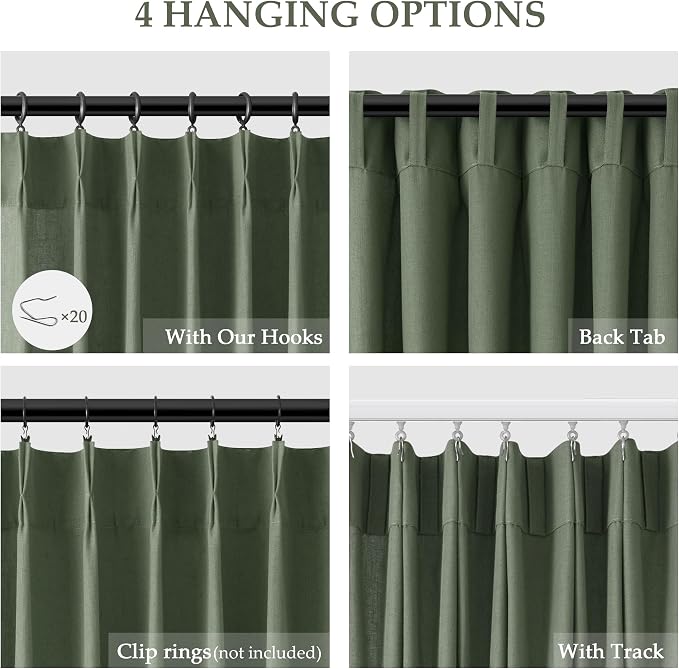 Olive Green Pinch Pleat Linen Curtains 120 Inches Long for Living Room Pleated Drapes Hooks Back Tab Light Filtering Boho Farmhouse Extra Long Semi Sheer 120 Inch Curtain for Dining Room Bedroom