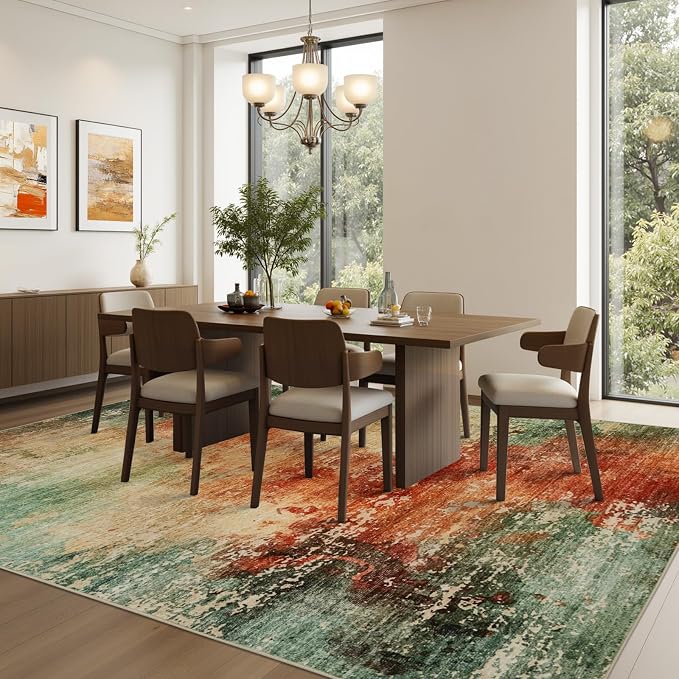 Joydeco 5x7 Area Rugs for Living Room, Non-Slip Modern Abstract Soft Washable Rug, Low Pile Carpet for Bedroom, Dining Room, Home Office, Pet & Child Friendly, Green & Orange & White