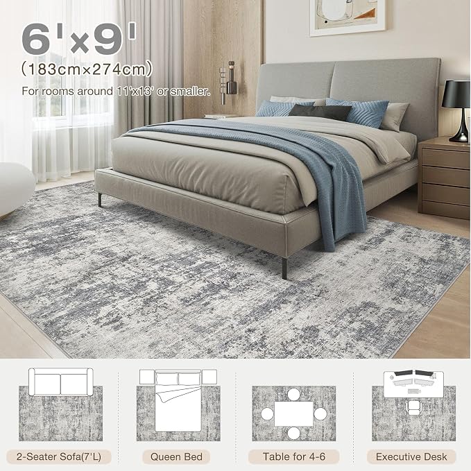 Abstract 6x9 Area Rug: Machine Washable Non Slip Ultra Thin Low-Pile Carpet, Soft Stain Resistant for Living Room Bedroom Nursery, Kid Pet Friendly, Robot Vacuum Compatible - Beige Dark Grey