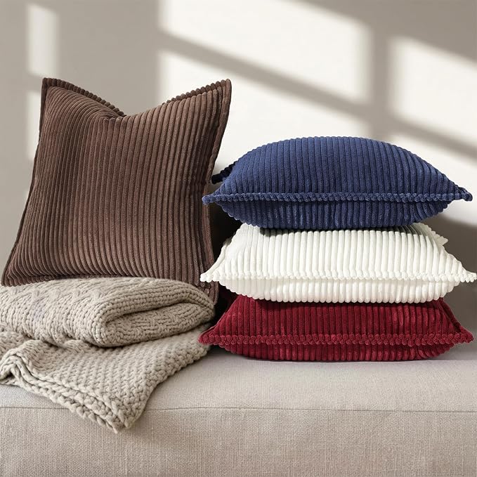 decorUhome Fall Corduroy Dark Brown Throw Pillow Covers 20x20 Set of 2 | Couch Decorative Soft Modern Boho Farmhouse Pillow Covers Broadside Striped Pillow Cases for Living Room Bed Sofa