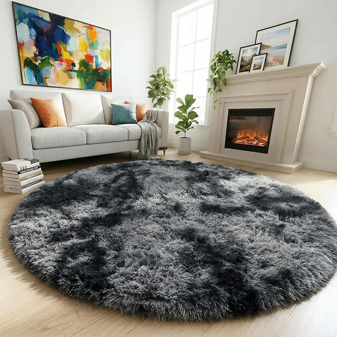 Amdrebio Tie-Dyed Dark Grey Round Area Rug 5Ft for Living Room Bedroom, Soft Furry Shaggy Circle Rugs for Classroom Playroom Dorm, Modern Cool Shag Fluffy Fuzzy Circular Carpet for Men Kids Teen Boys