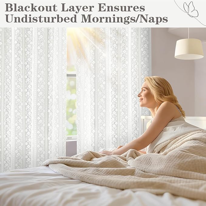 ASPMIZ White Blackout Curtains for Bedroom 63 inch Long, Double Layer Curtains with Lace Overlay, Light Blocking Grommet Drapes for Living Room Thermal Insulated Window Curtain Panels Set of 2, 52x63