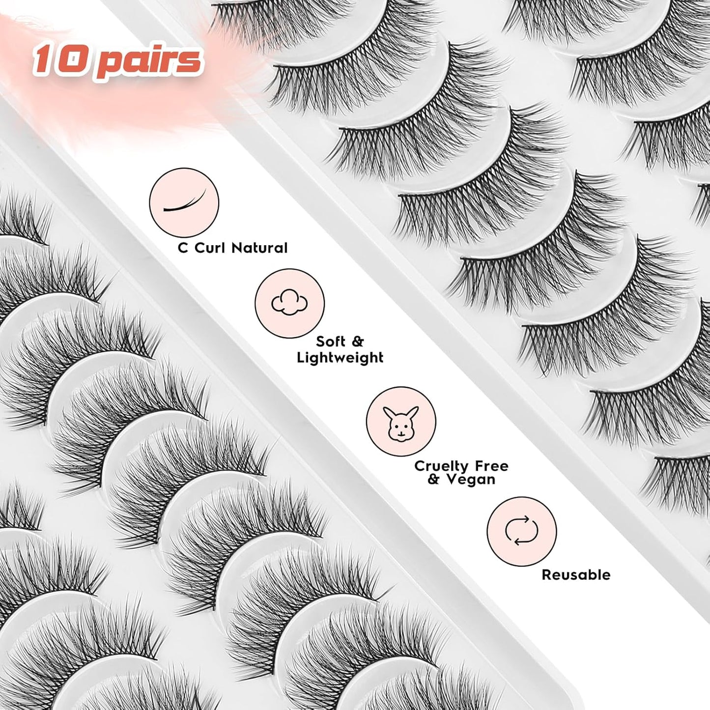 Natural Lashes Wispy False Eyelashes Short Lashes Soft Strip Lashes C Curl Eye Lashes Natural 10mm Short Eyelashes 10 Pair Eye Lashes Pack Siligli
