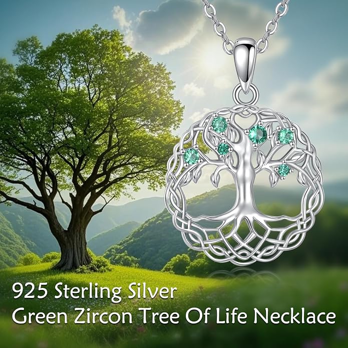 VONALA Tree of Life Necklace 925 Sterling Silver Abalone/Crystal Celtic Knot Family Tree Filigree Pendant Necklace Tree Jewelry Gift Women