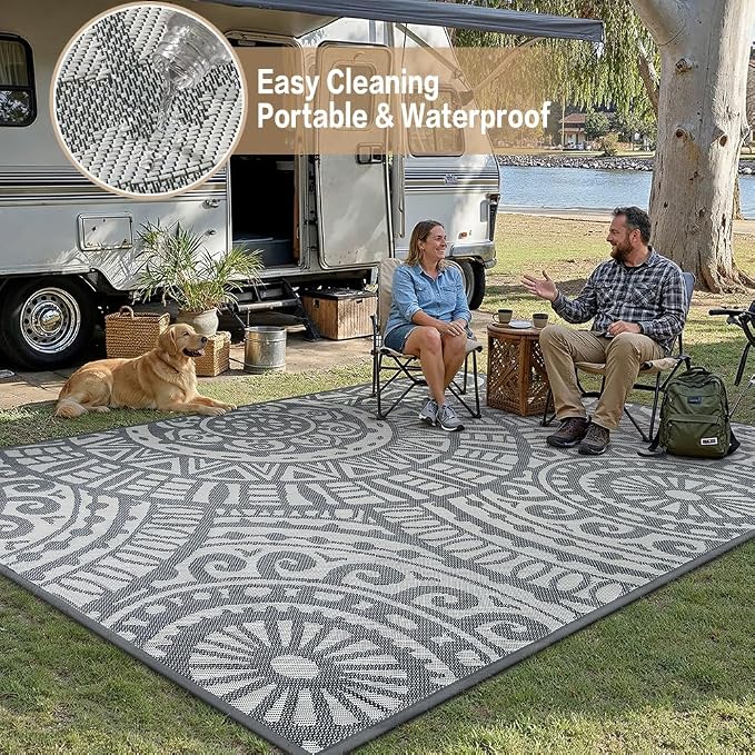 HUGEAR 8x10 Outdoor Boho Rug Grey Patio Waterproof Rug Home Decor Reversible Plastic Straw Rugs Outside Indoor Floor Mat for Camping Balcony RV Deck Porch Pool Backyard