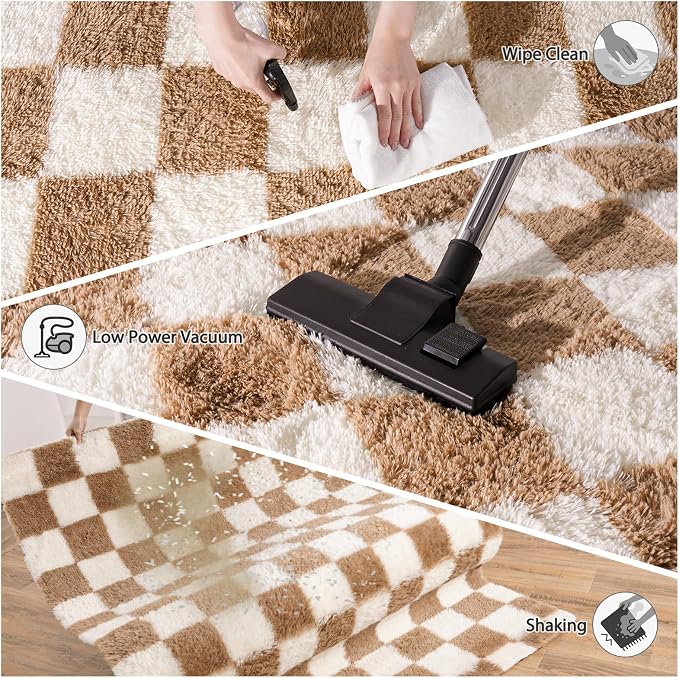 Pionblank Fluffy Area Rug for Bedroom 5x7, Modern Indoor Shag Carpet, Soft Plush Non Slip Checkered Rugs for Living Room Kids Room Home Decor, Beige and Cream White