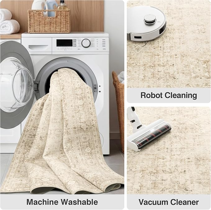 FMFUNCTEX 3x5 Washable Area Rug Beige Neutral Vintage Distressed Oriental Non Slip Low Pile Traditional Retro Indoor Carpet for Entryway Entrance Soft Rug Living Room Bedroom Kitchen Office Laundry