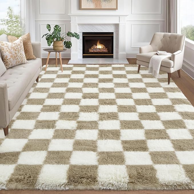 Garvee Checkered Area Rug 10x13 Large Rug Thick Super Soft Shaggy Rugs Fluffy Carpet Fluffy Fuzzy Shag Washable Rugs for Living Room Nursery Bedroom Luxury Playroom Teen Plush Carpets,Taupe-White