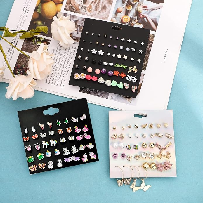 NEWITIN 100 Pairs Colorful Cute Earrings for Girls Sensitive Ears Hypoallergenic Girl Stud Earrings Set Stainless Steel Cartoon Stud for Girls and Women