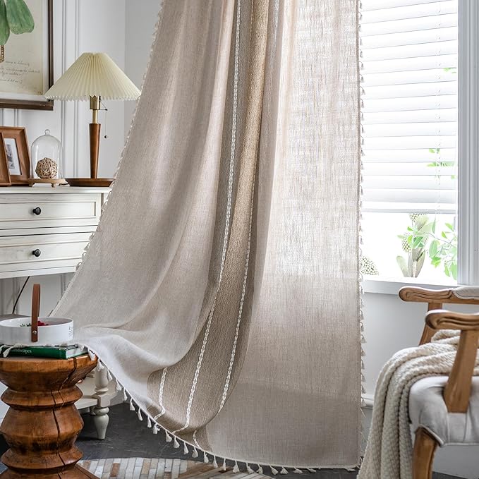 ColorBird Boho Curtains Linen-Textured for Living Room Bedroom Natral Brown Tan Light Filtering Farmhouse Embroidered Striped 63 Inch Curtains & Drapes for Dining Room Kitchen Window Treatment