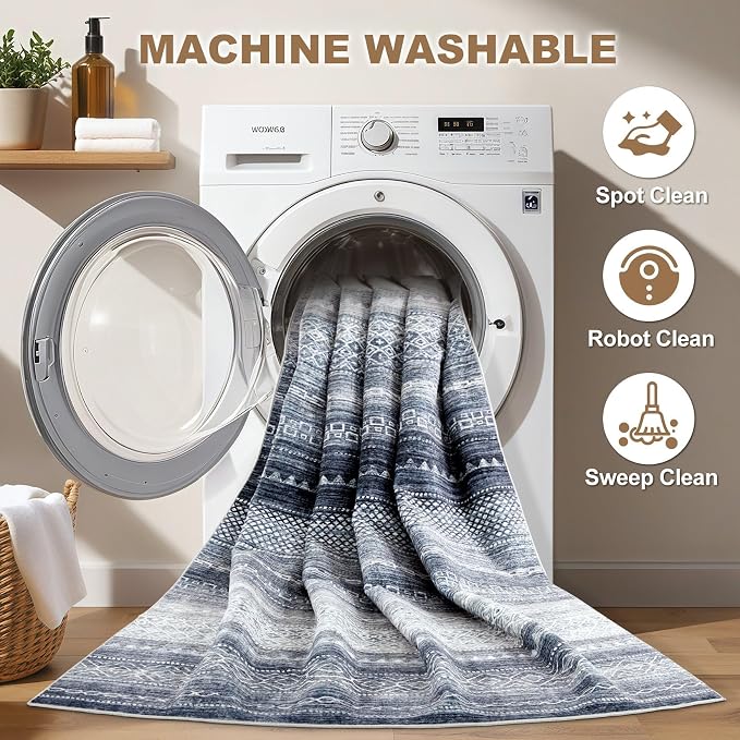 Nakagishi Area Rug Living Room Rugs: 7x9 Machine Washable Boho Large Neutral Farmhouse Stain Resistant Moroccan Indoor Floor Carpet for Bedroom Nursery Dorm Classroom Dining Room Home-Blue