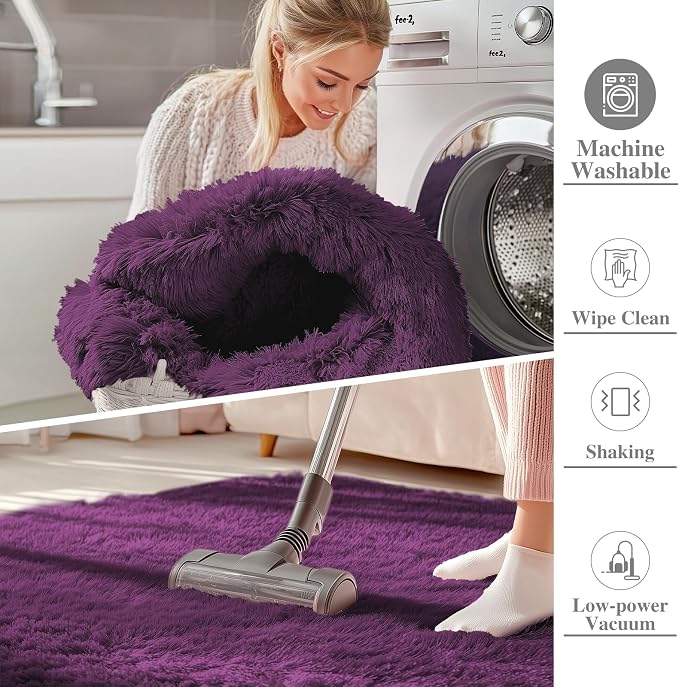 OLANLY 2x3 Machine Washable Small Bedside Rug, Soft Fluffy Shaggy Entryway Throw Rugs for Bedroom, Living Room, Indoor Floor Carpet for Kids Girls and Boys, Home Decor Aesthetic, Dark Purple