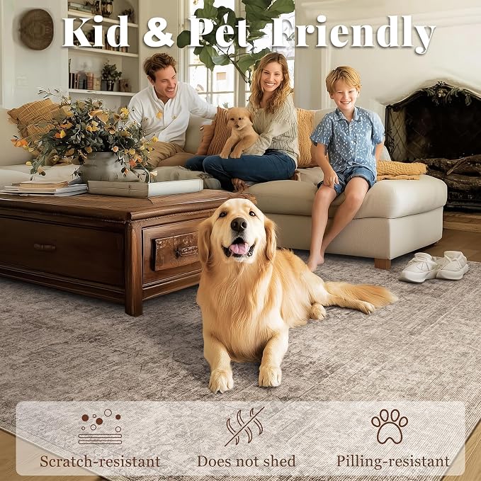 Machine Washable Rugs for Living Room: 10x14 Area Rugs for Bedroom Ultra Soft Non-Slip Low Pile Vintage Distress Boho Large Carpet for High-Traffic Dining Room - Farmhouse Decor