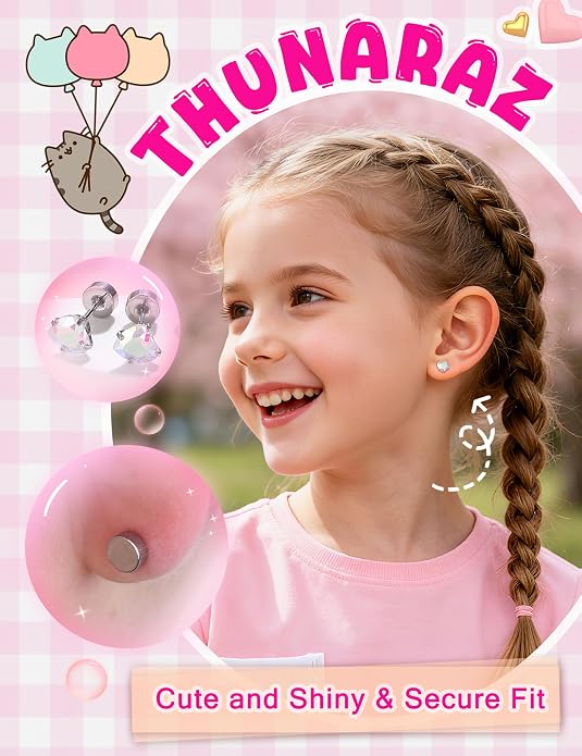 THUNARAZ 16 Pairs Hypoallergenic Earrings for Girls Kids Women Surgical Stainless Steel Earrings for Sensitive Ears Cute Flower Heart Ball Toddler Screw Back Stud Earring Flat Back Earring Set 20G