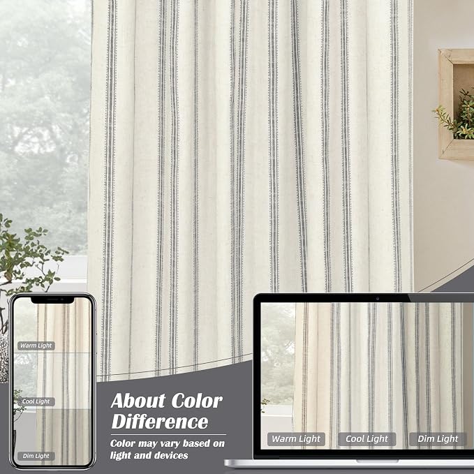 DriftAway Farmhouse Stripe Blackout Curtains, W52xL96, Gray | Blackout, Linen Texture, Stripe Pattern, Rod Pocket & Back Tab, Two Layers, Bedroom Living Room Use, Sound Reducing Design