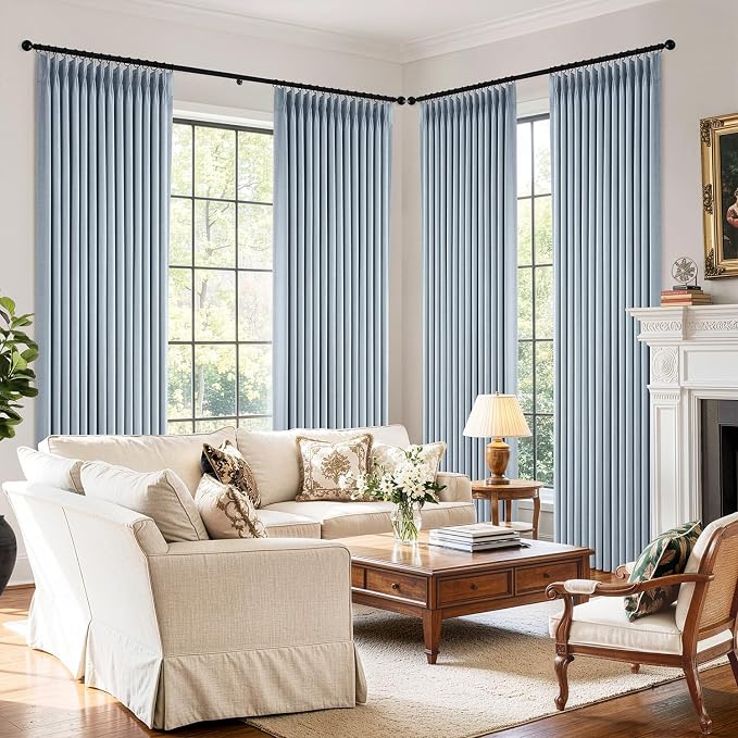 MIULEE Pinch Pleated 100% Blackout Curtains 40"x84" Chambray Blue 4 Panels | Thick Linen, Memory Trained Pleat, Back Tab Double Layer Drapes, Thermal Insulated, Curtain for Bedroom Living Room Darkening