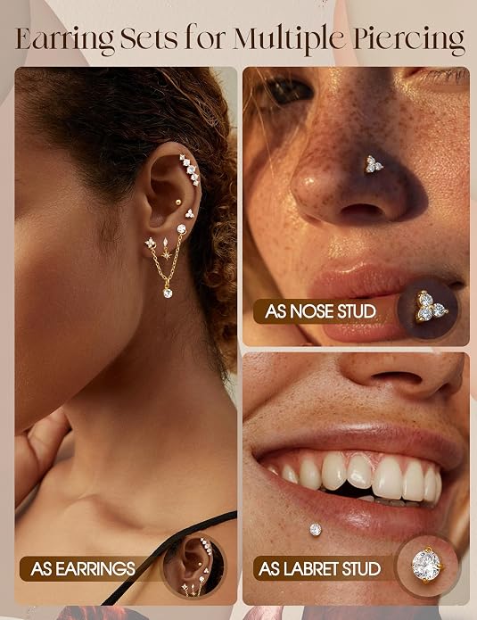 ORAZIO 16G/18G/20G Threadless Flat Back Earrings 316L Surgical Steel Cartilage Earring Stacks Flatback Push in Nose Rings Studs Hypoallergenic Tragus Helix Conch Labret Medusa Piercing Jewelry