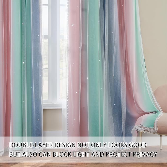XiDi Pink Grey Green Girls Curtains for Bedroom Rainbow Blackout Curtains for Kitchen Cafe Window Room Darkening Kids Childs Nurser Room Wall Decor Grommet 63 Inches Long 52 inches Wide 2 Panels Set