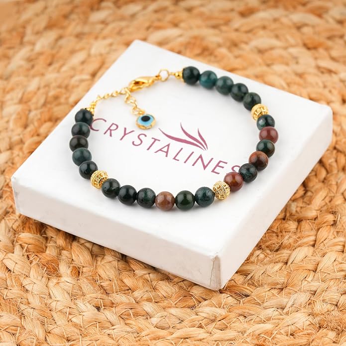 AAA Grade Natural Gemstone Beaded Bracelet, 14K Gold Plated with Evil Charm, Wicca & Reiki Healing Crystals, Handmade Bohemian Jewelry, Christmas Gift for Women (7+1inch)
