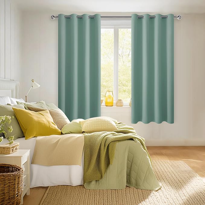 Hiasan Blackout Curtains for Bedroom, 52 x 63 Inches Length - Thermal Insulated & Light Blocking Window Curtains for Living Room, 2 Drape Panels Sewn with Tiebacks, Sage Green