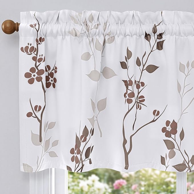 Beauoop Floral Valance Curtains for Kitchen Tan Brown 52X18 Inch 1 Panel | Flower Patterned Brown White Blackout Short Curtains for Living Room Bedroom Cafe Thermal Small Window Curtains Rod Pocket